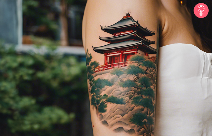 Japanese temple tattoo on a woman’s arm