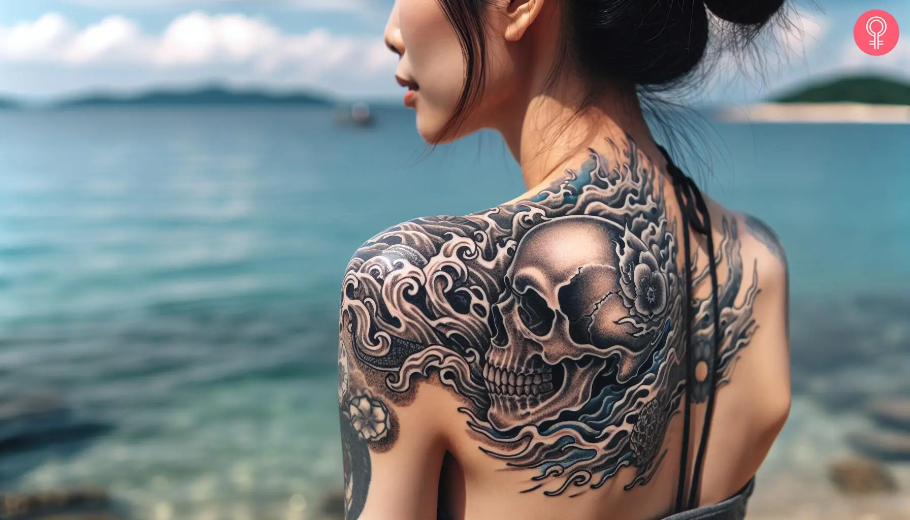 Japanese water skull tattoo on the shoulder of a woman