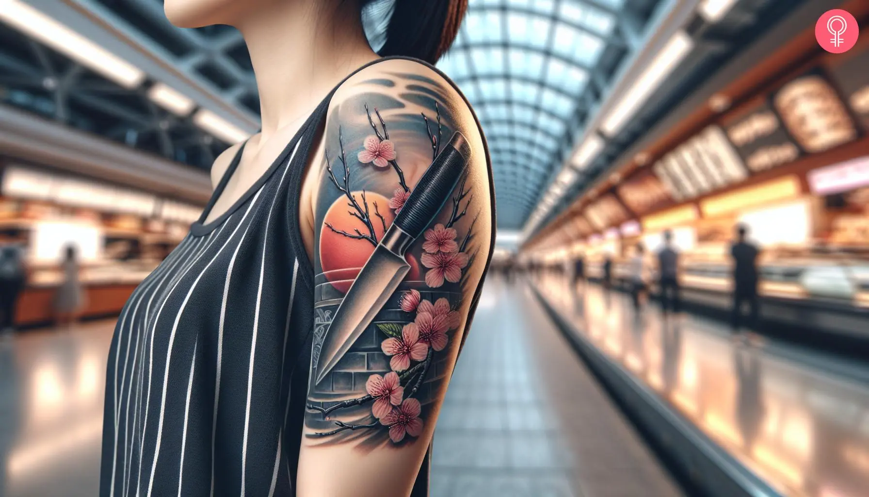 Japanese chef knife tattoo on the arm of a woman