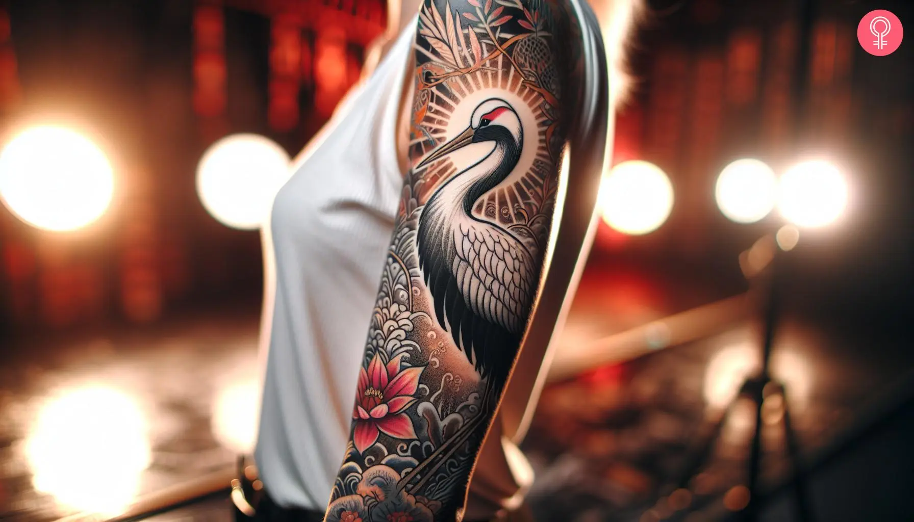 Japanese crane tattoo on the arm of a woman