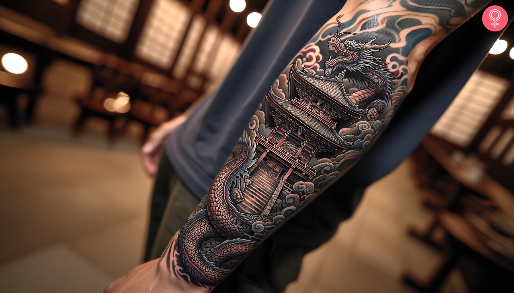 Japanese dragon and temple tattoo on the forearm of a man