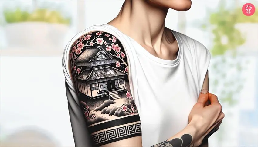 Japanese house tattoo on the upper arm