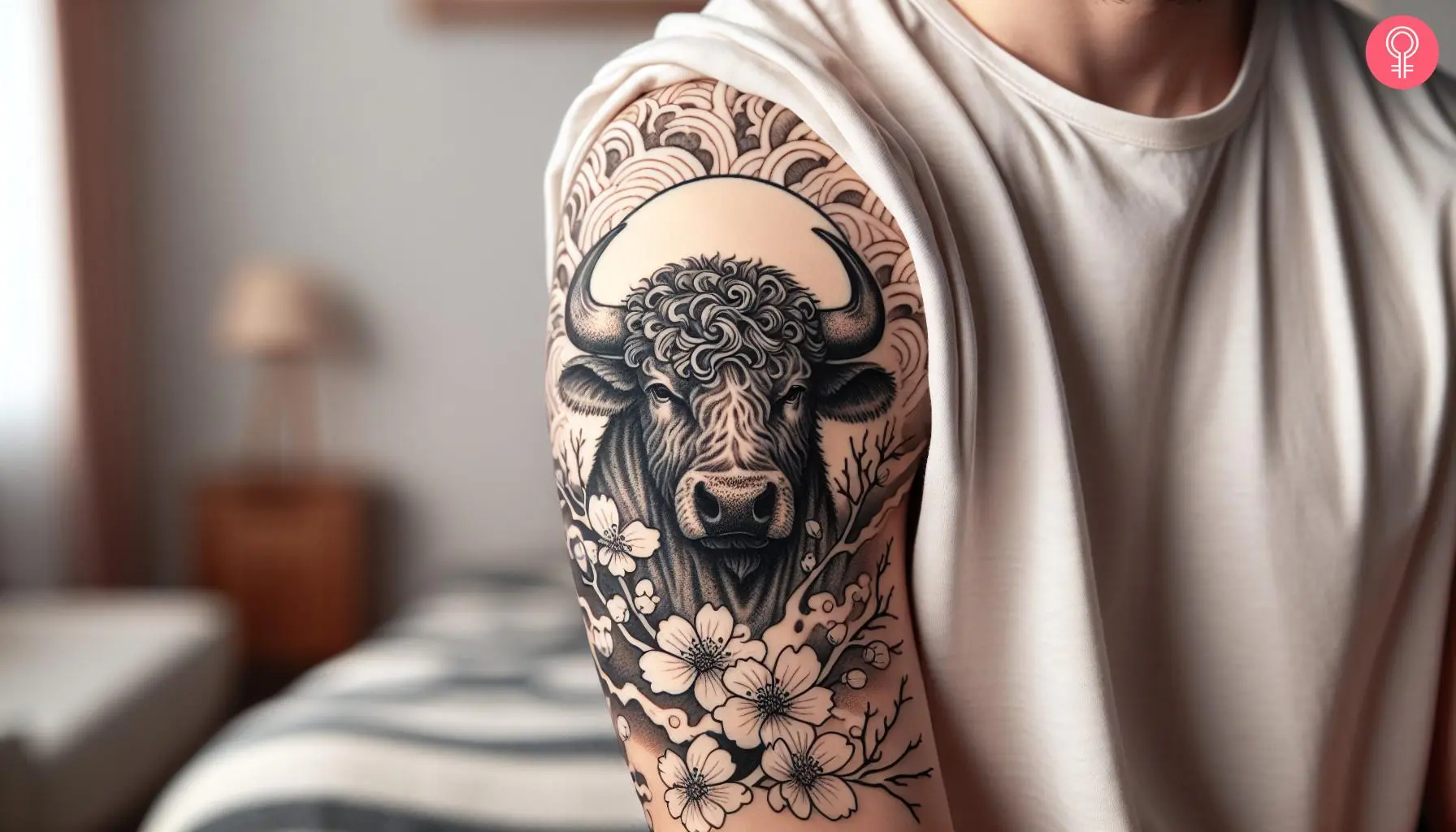 Japanese ox tattoo on the upper arm of a man