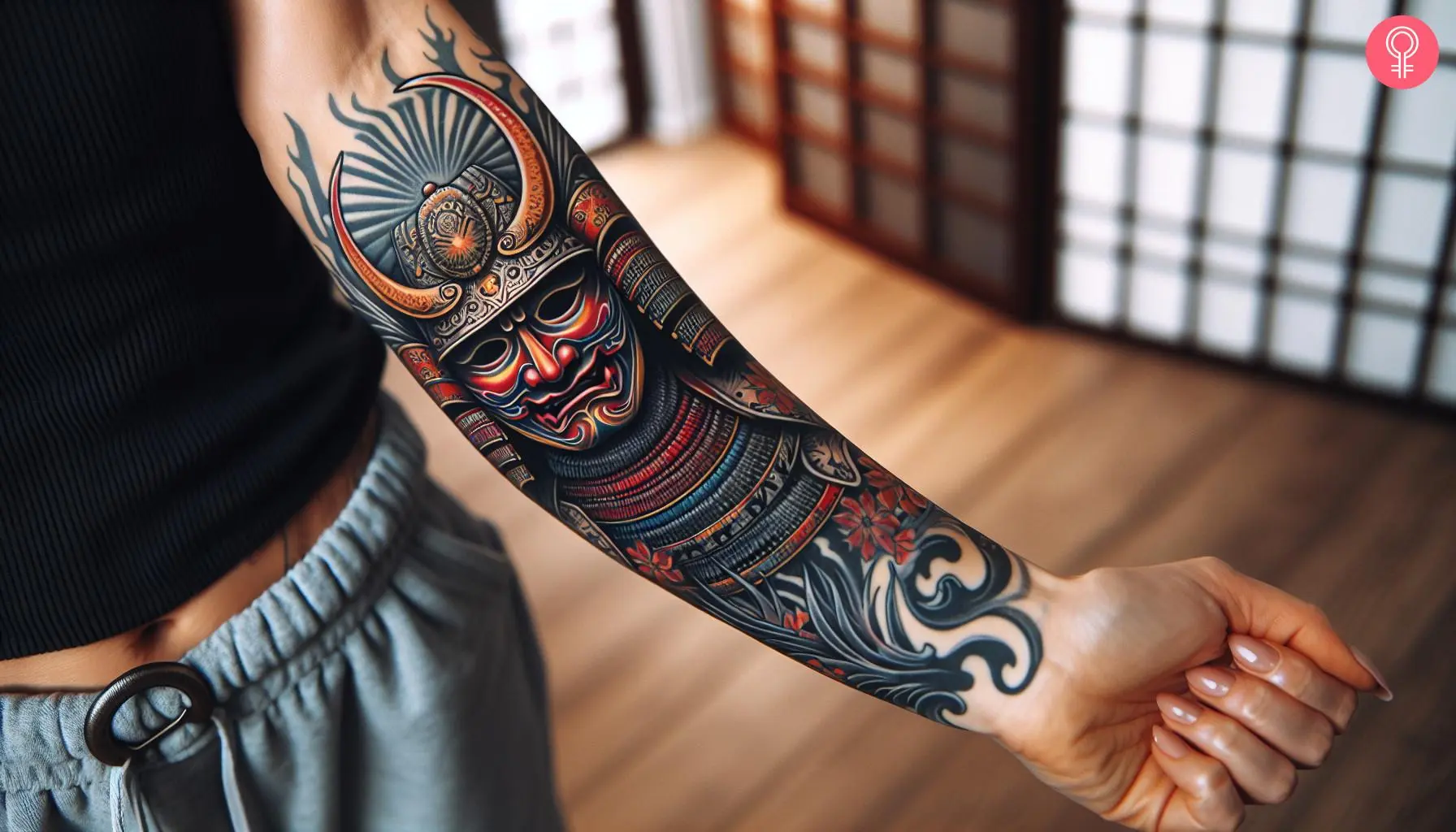 Japanese samurai mask tattoo on the forearm of a woman