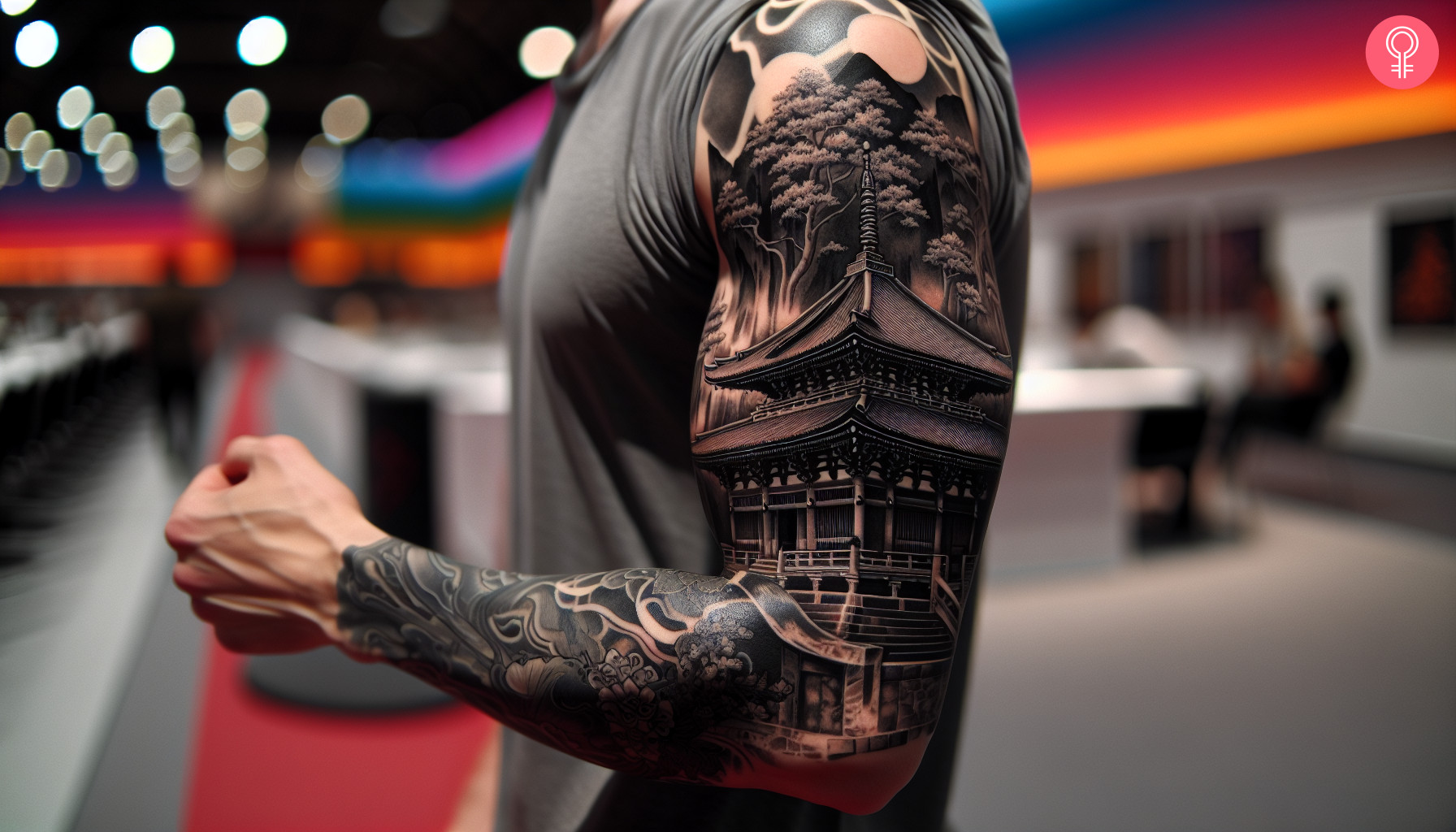 Japanese temple tattoo on the arm sleeve of a man