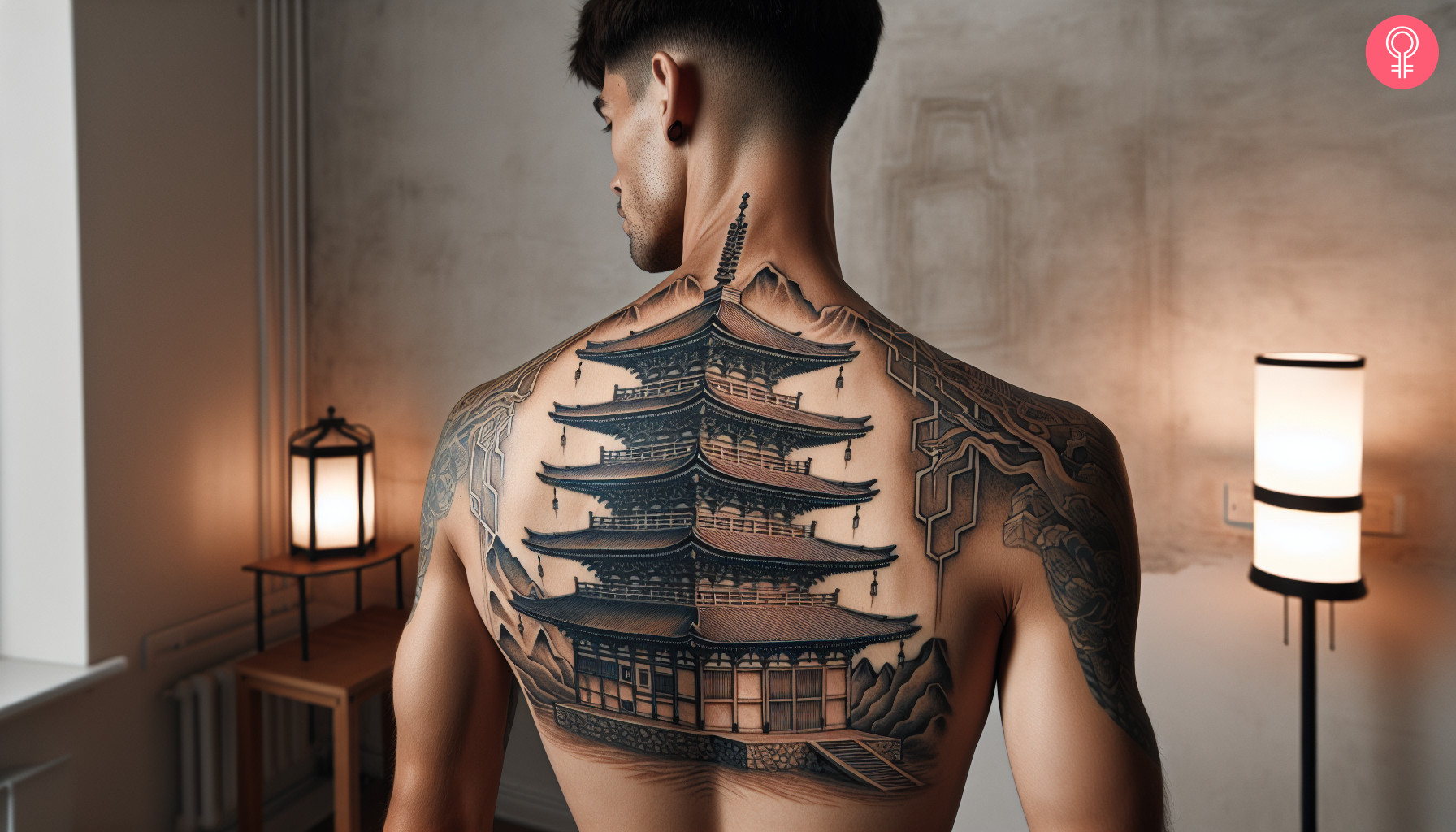 Japanese temple tattoo on the back of a man