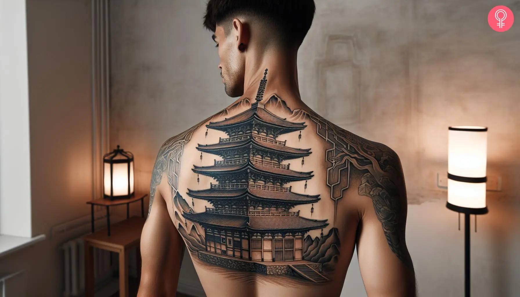 Japanese temple tattoo on the back of a man