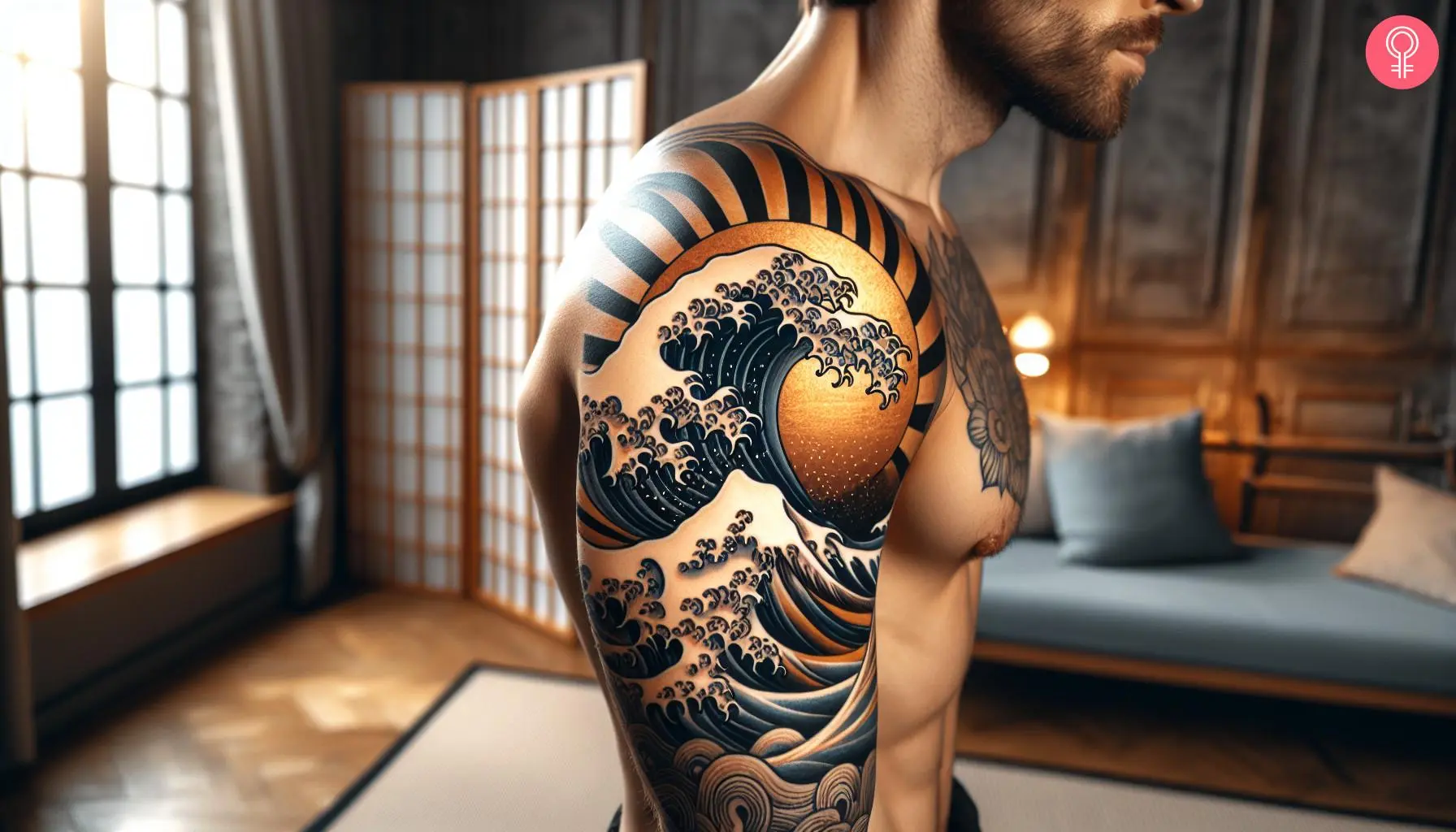 Japanese wave and sun tattoo on the shoulder of a man