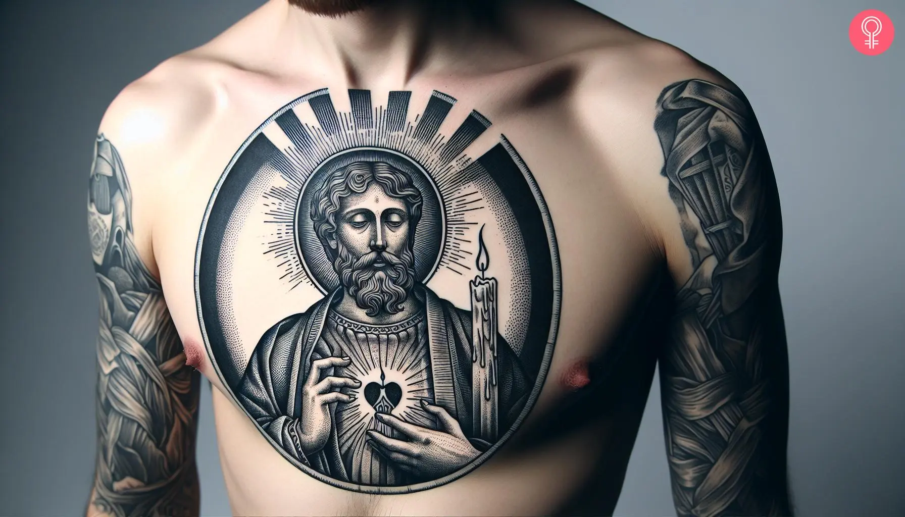 Man with a Jesus chest tattoo with a candle