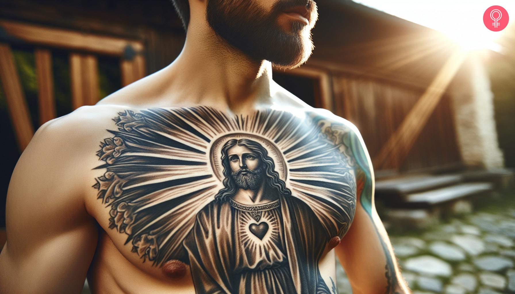 Man with a Jesus Christ chest tattoo