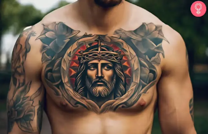 Man with a Jesus face tattoo on the chest