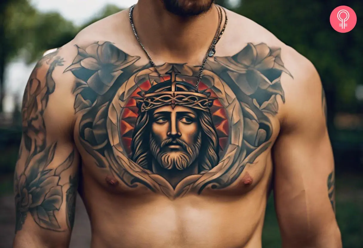 Man with a Jesus face tattoo on the chest