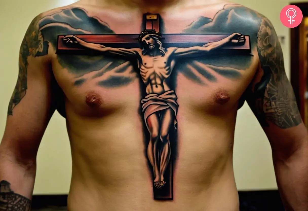 Man with a Jesus on the cross chest tattoo