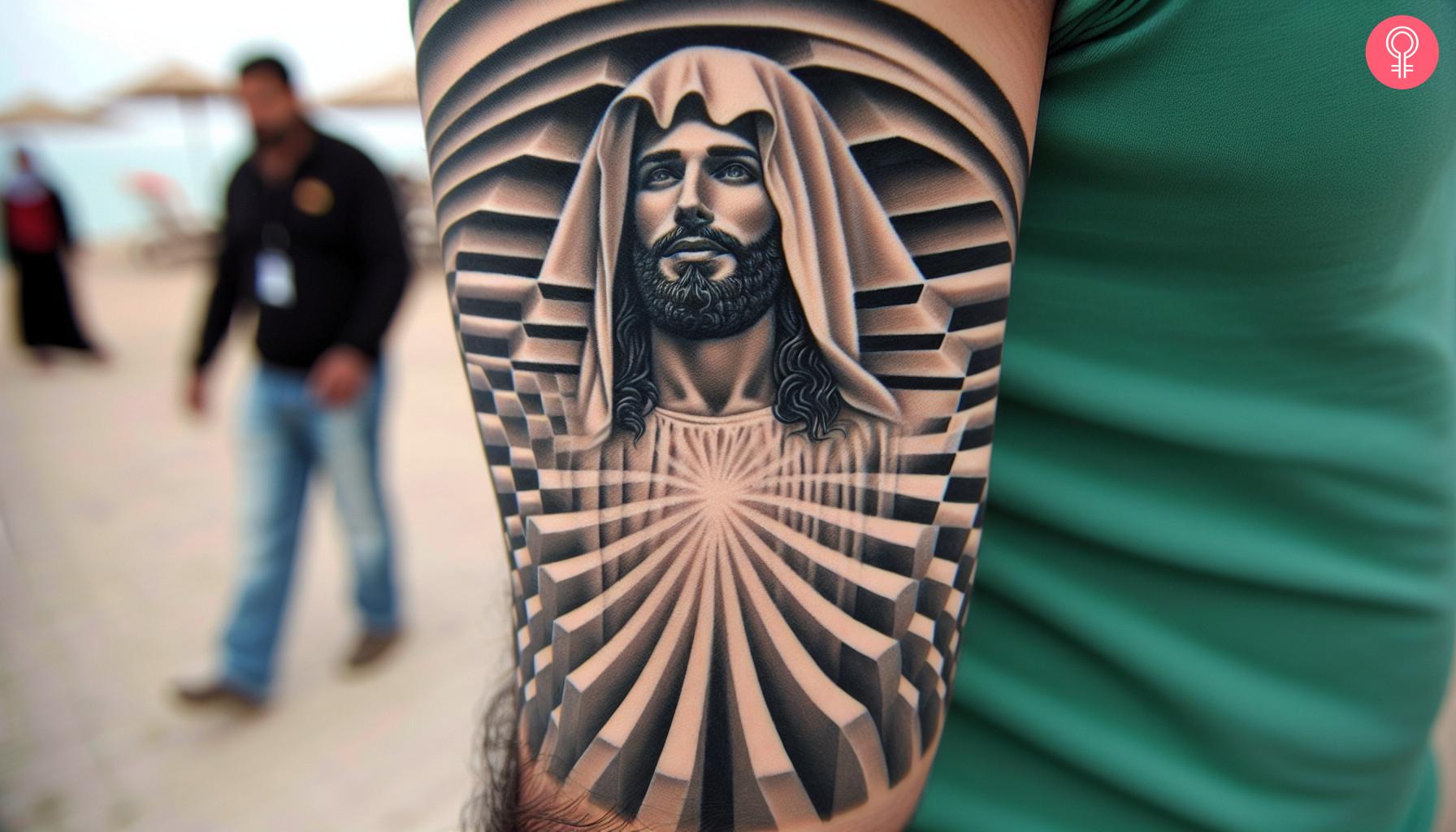 Man with a jesus optical illusion tattoo on the arm