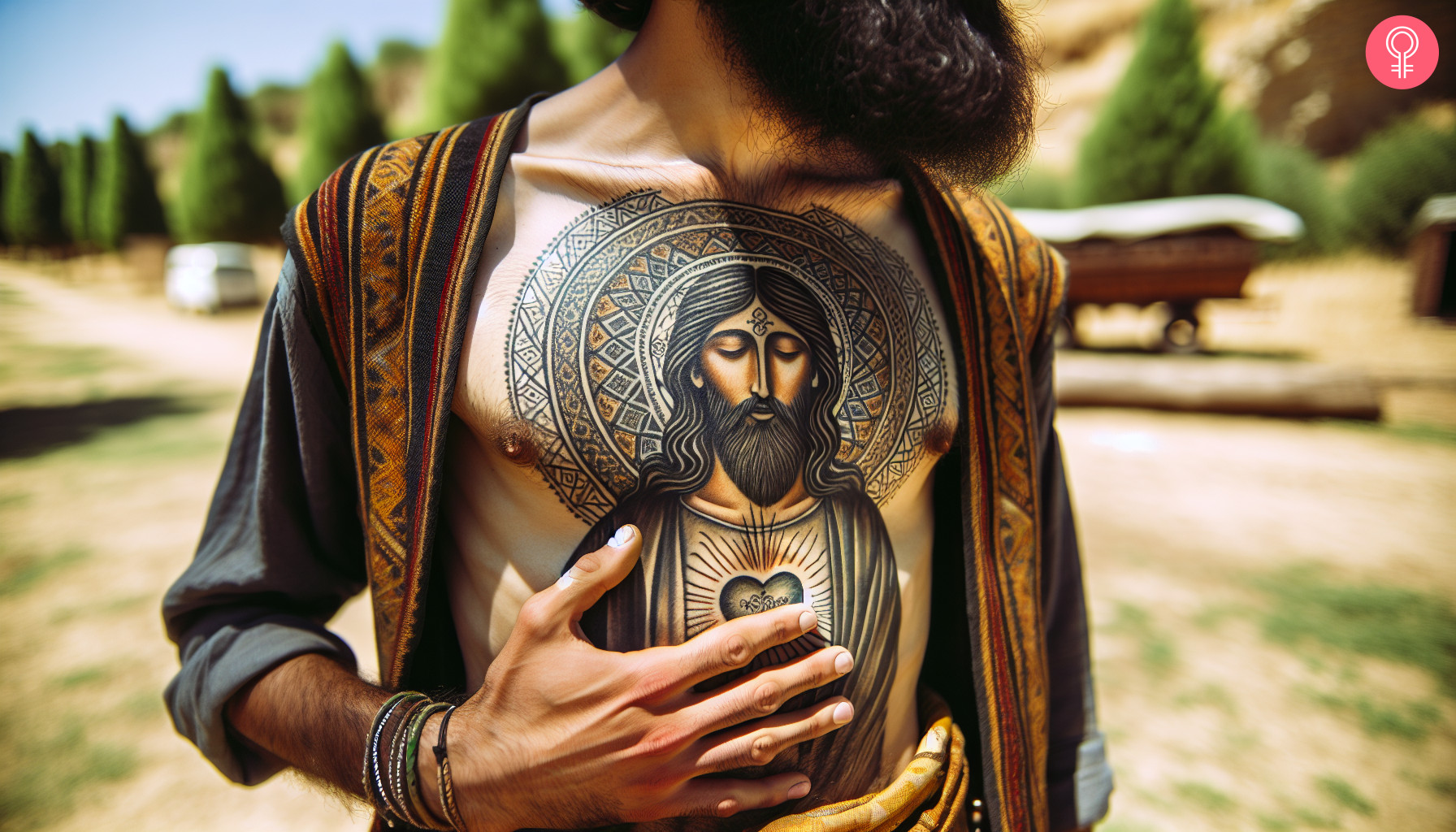 Man with a Jesus piece chest tattoo