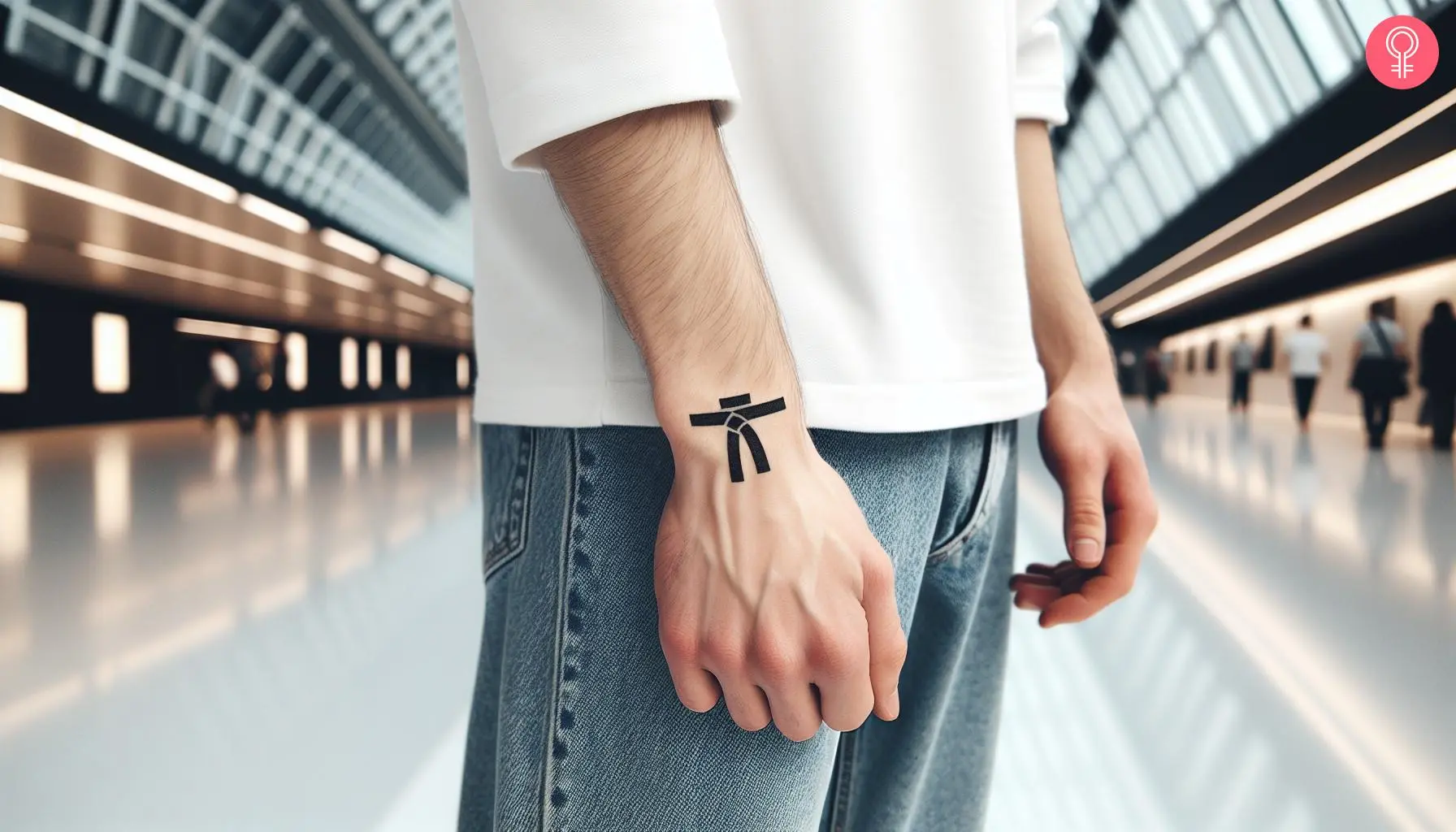 A man with a karate black belt tattoo on his wrist