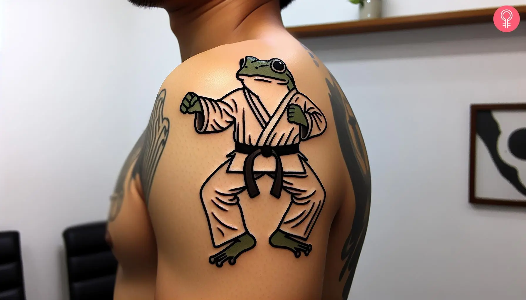 A man with a karate frog tattoo on his upper arm