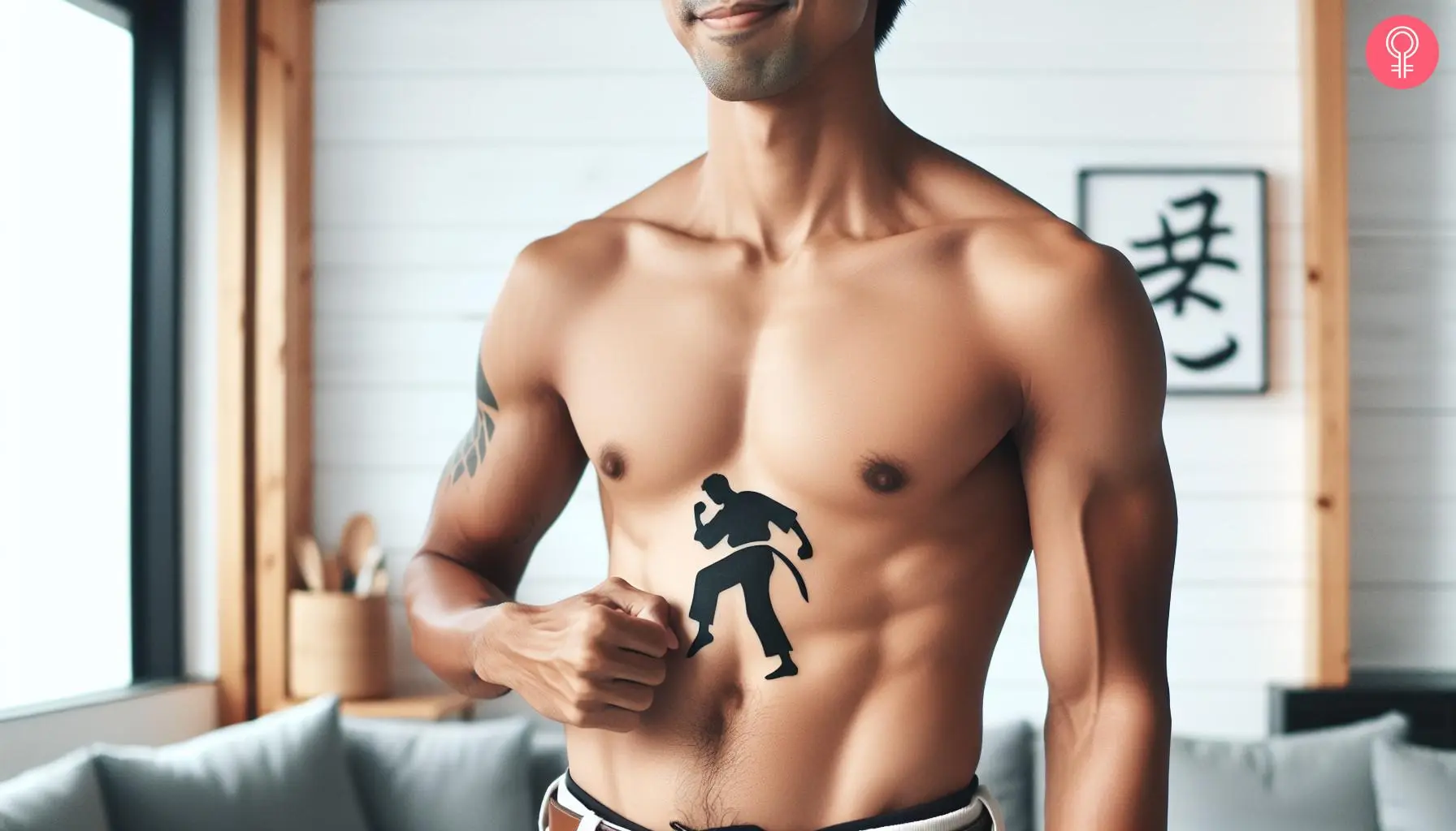 A man wearing a ‘karate kick’ tattoo on the stomach