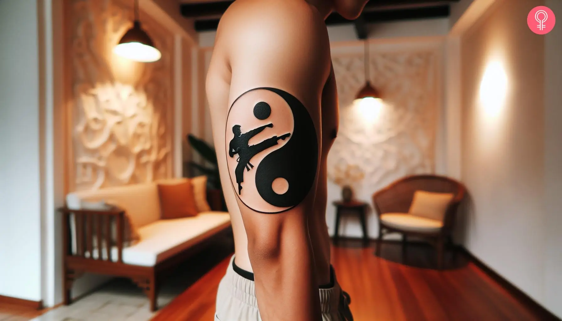 A man wearing a yin yang karate symbol tattoo on the upper arm