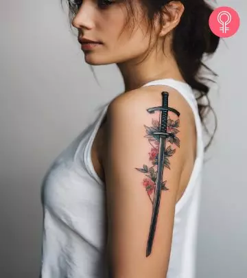 Japanese skull tattoo on the upper arm of a woman