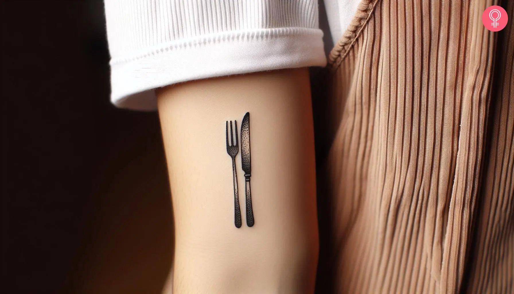 A woman wearing a knife and fork tattoo on the upper arm