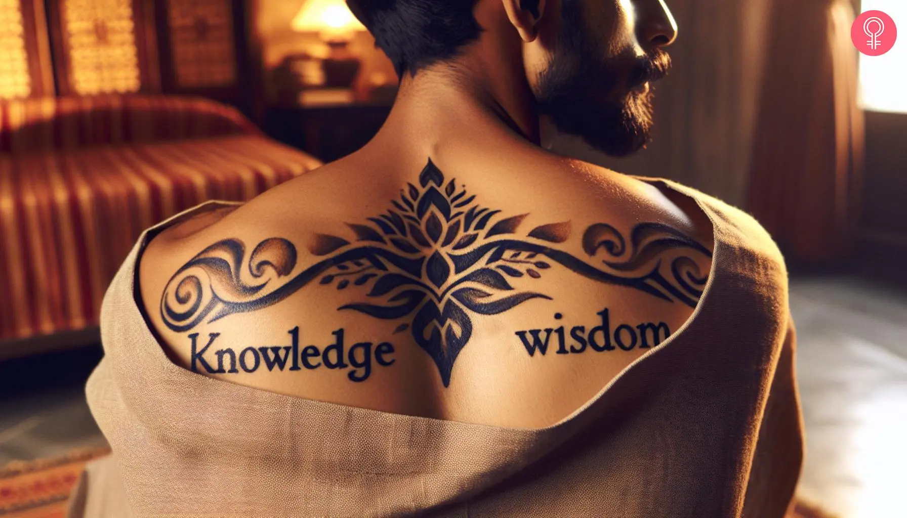 Knowledge And Wisdom tattoo on the back shoulder