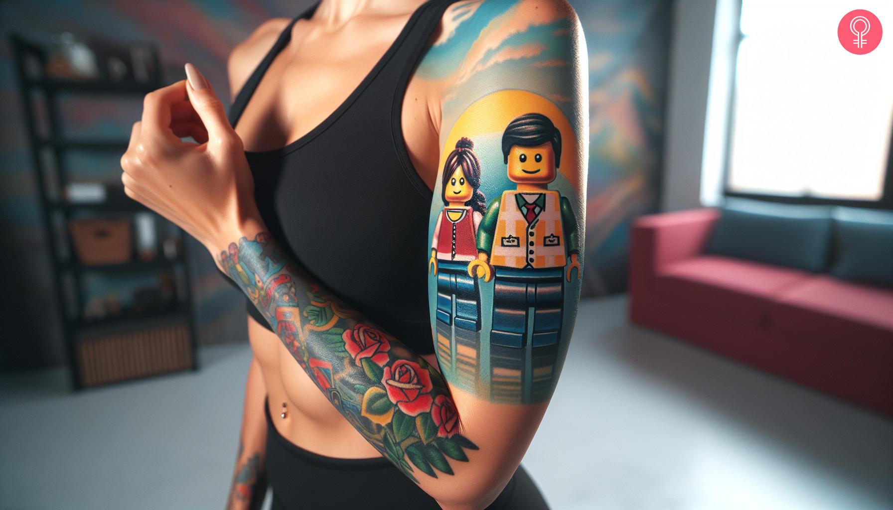 A woman with a colored LEGO family tattoo on her upper arm