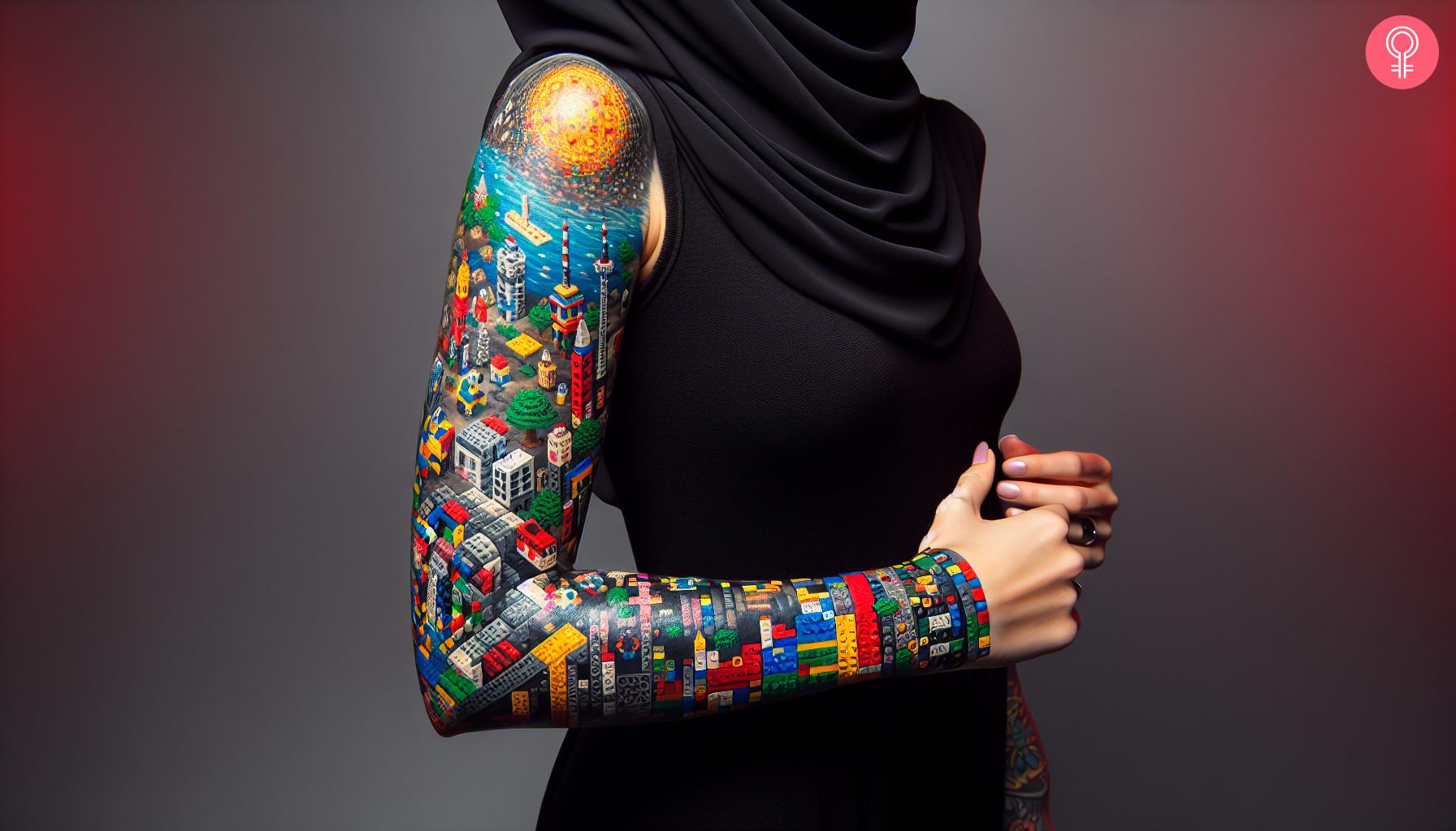 A woman with a vibrant LEGO sleeve tattoo