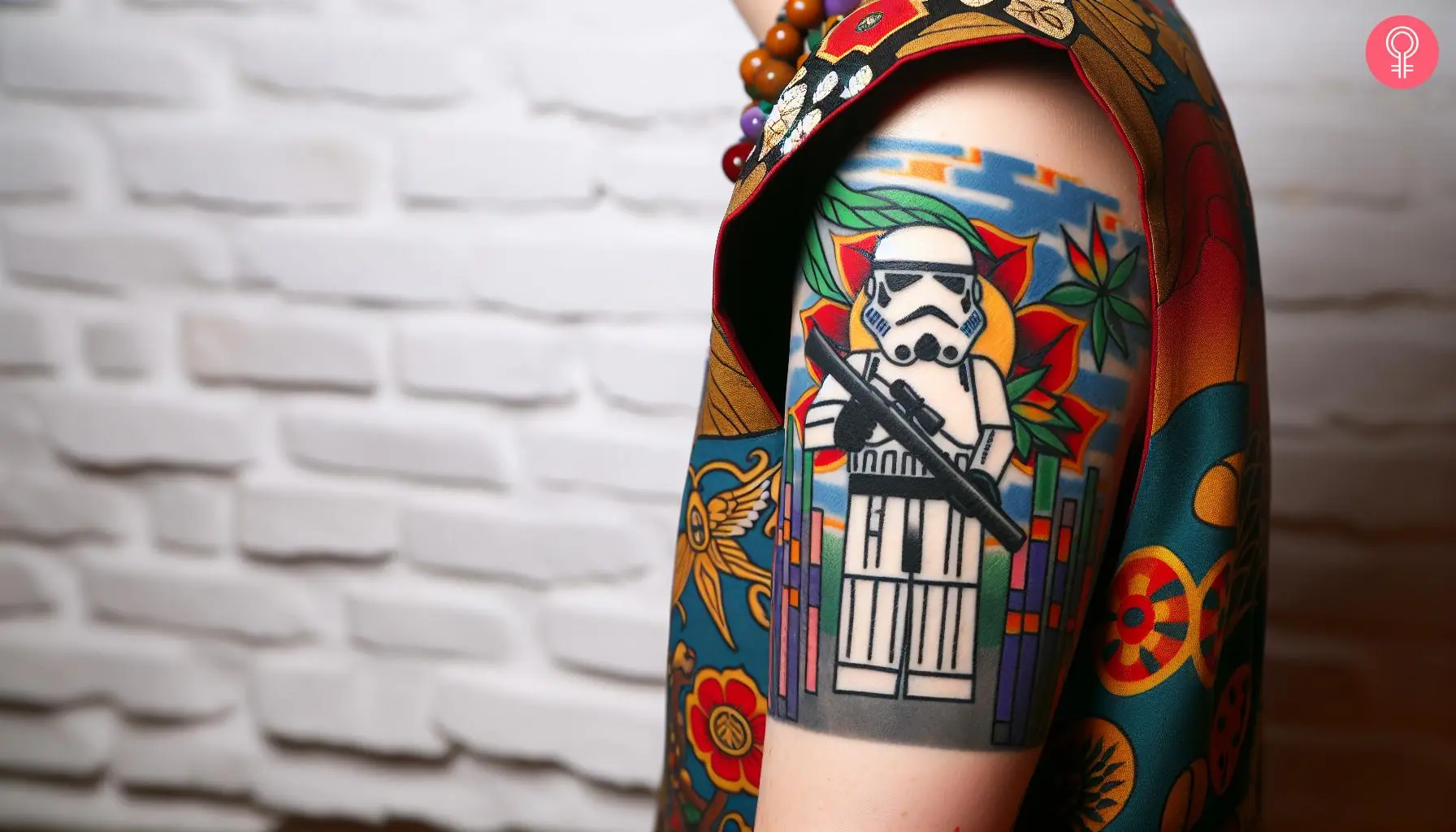 A woman with a colored LEGO Stormtrooper tattoo on her upper arm