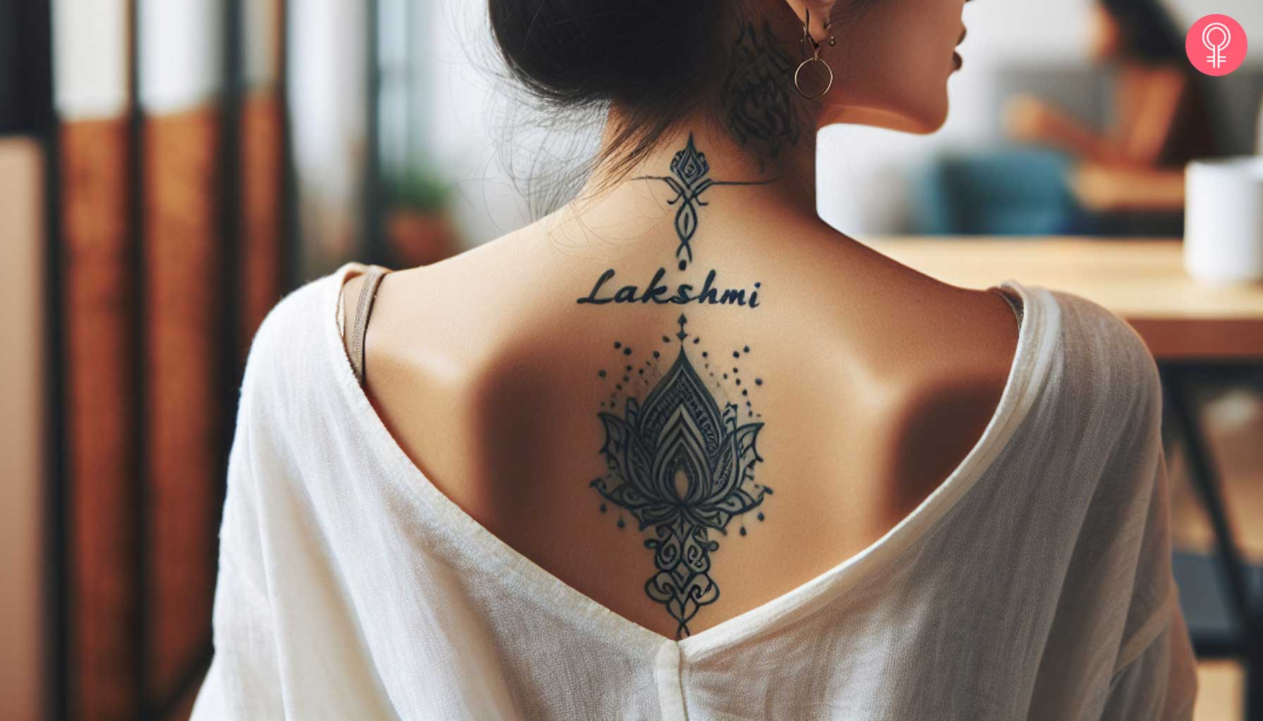 Lakshmi name tattoo on the upper back