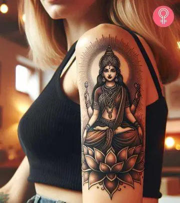 A woman with a vibrant orange tattoo on her upper arm