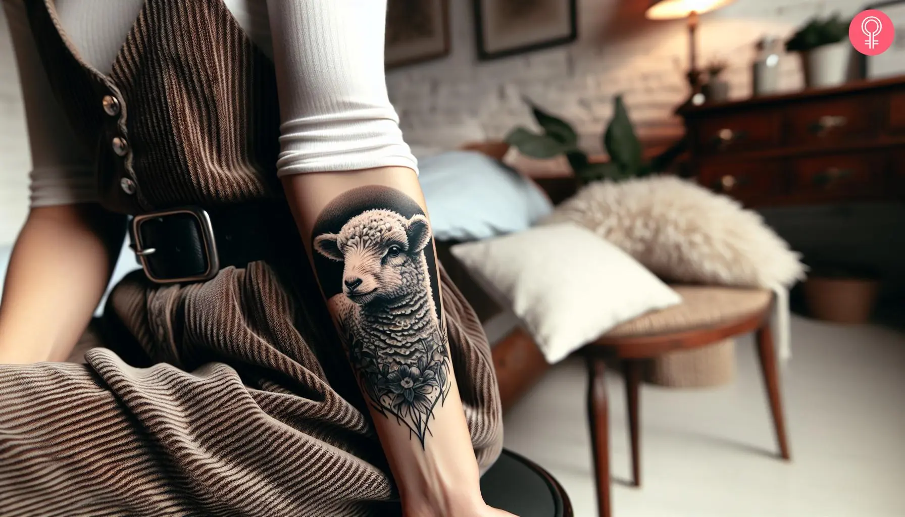 A woman with a realistic lamb face tattoo on her lower arm