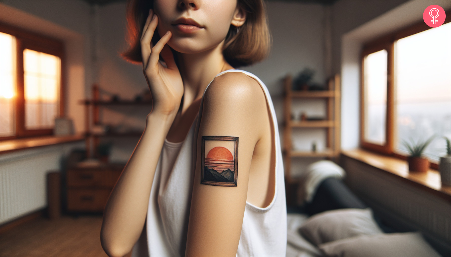 A woman with a minimalist landscape frame tattoo