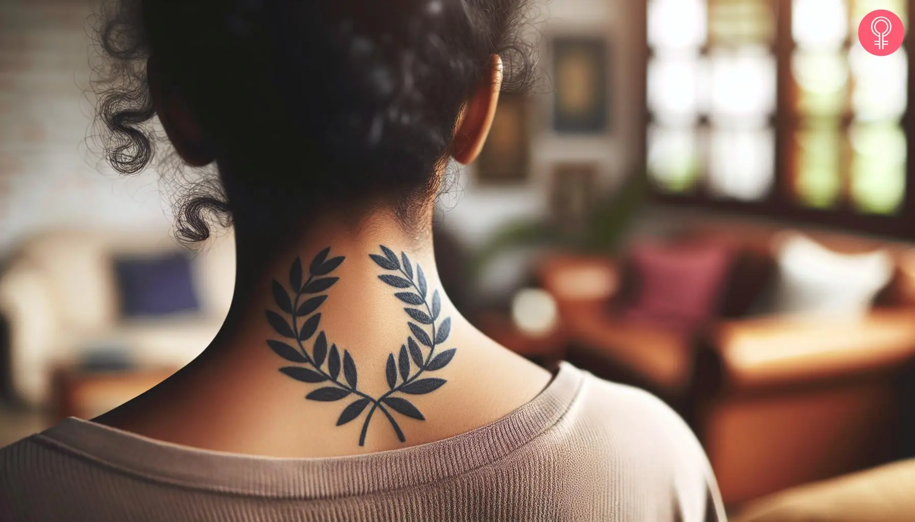 A laurel wreath tattoo on the back of the neck of a woman