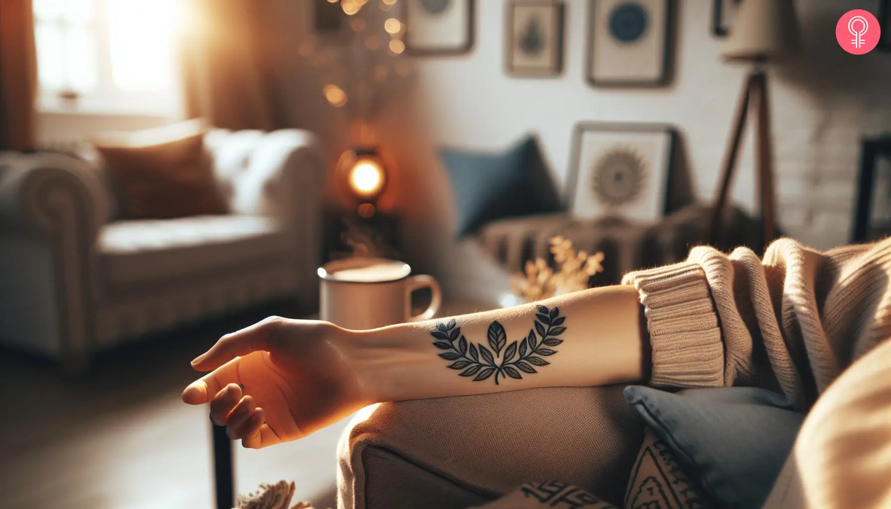 A laurel wreath tattoo on the forearm of a woman