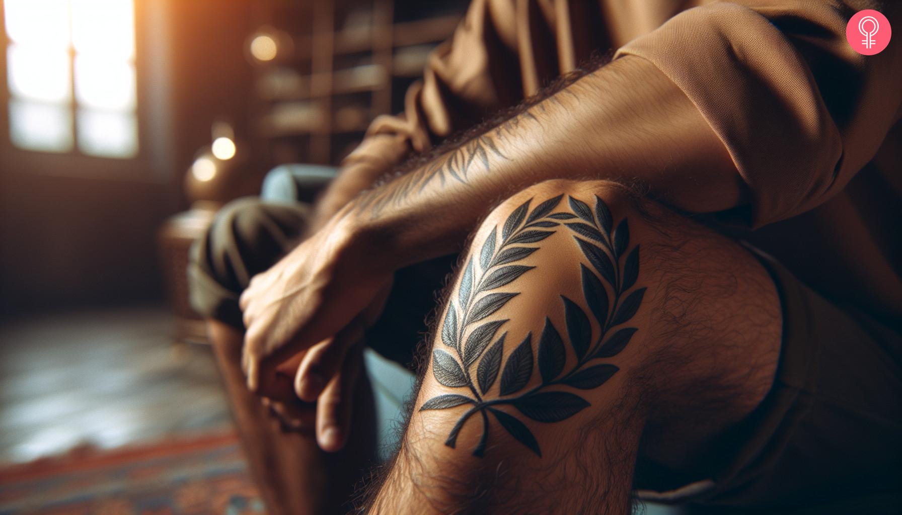 A laurel wreath tattoo on the knee of a man