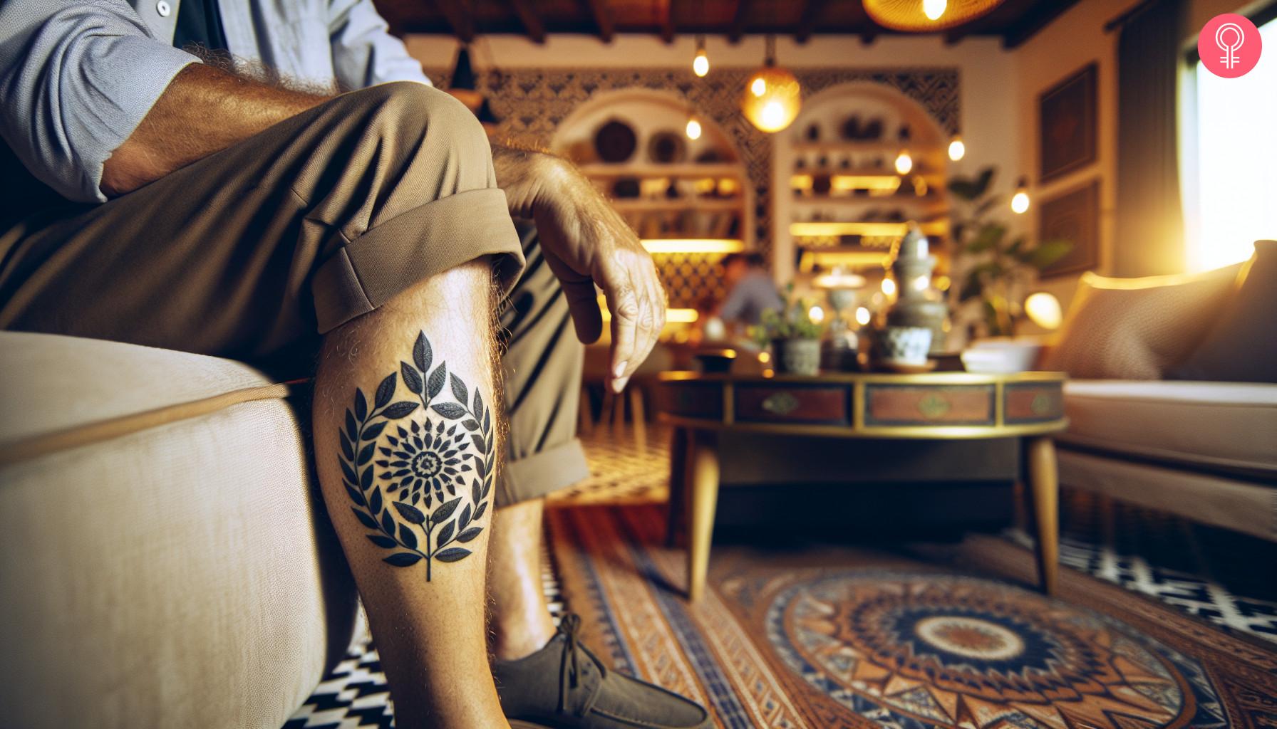 A laurel wreath tattoo on the leg of a man