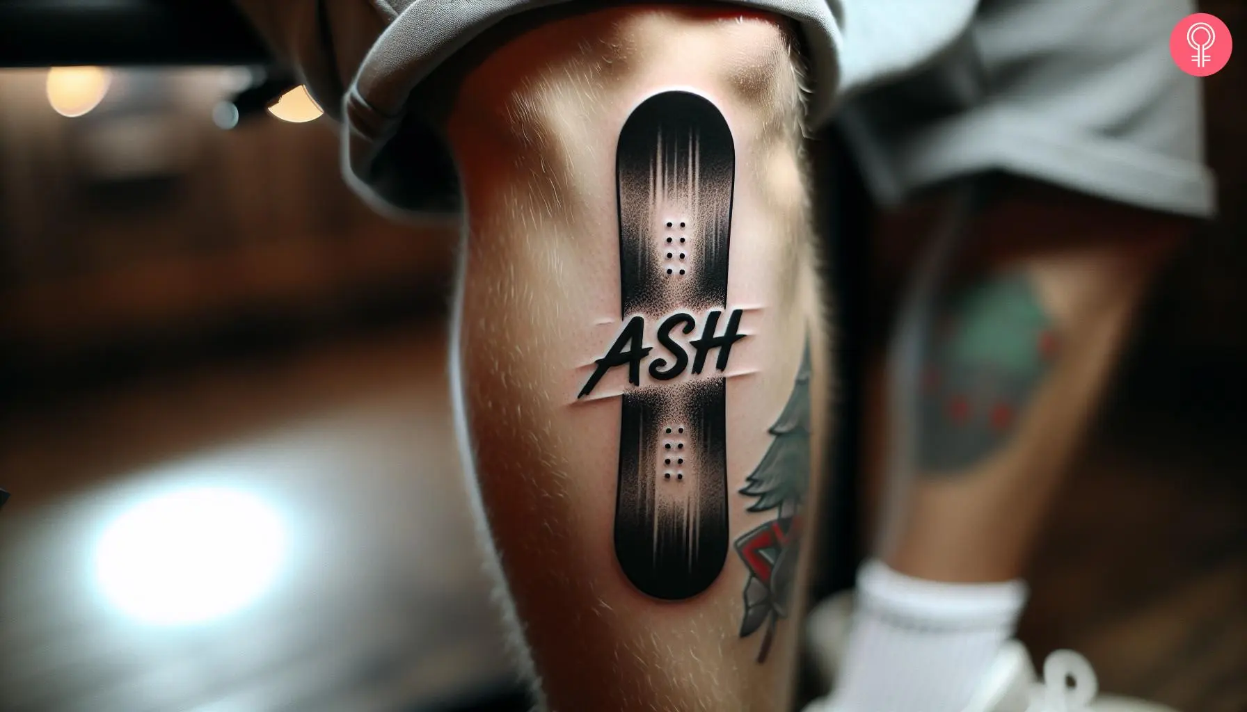 Snowboard tattoo on the leg of a man