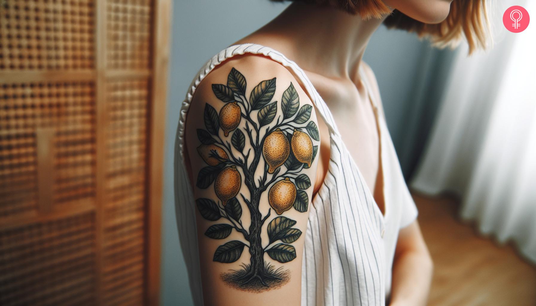 Lemon tree tattoo on the upper arm