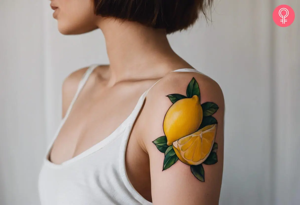 Lemon wedge tattoo on the upper arm