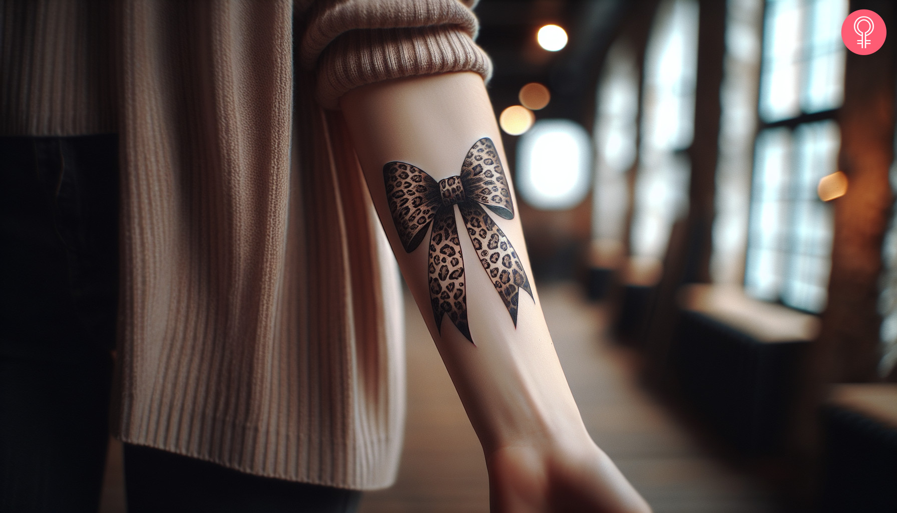 Leopard print bow tattoo on the forearm of a woman