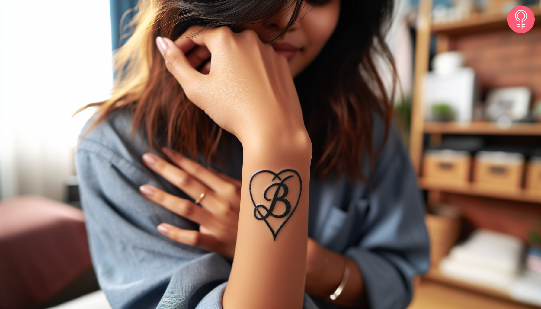 Letter B with heart tattoo on a woman’s arm