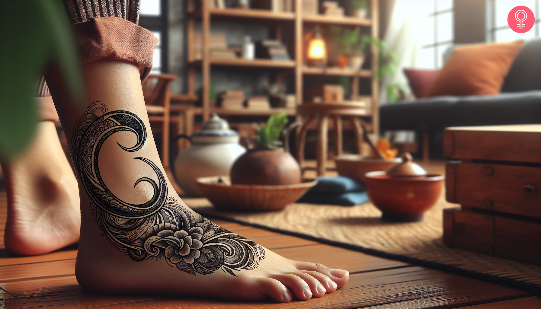 An ornate ankle C tattoo 