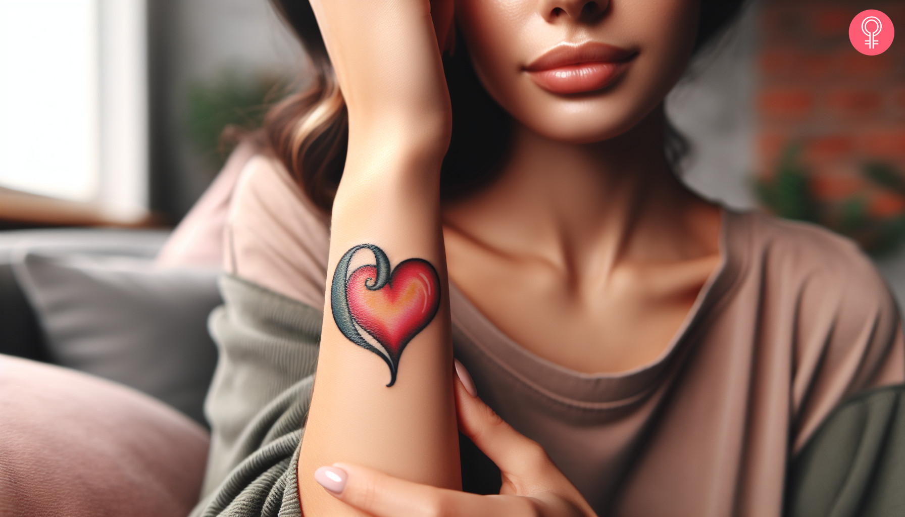 A vivid tattoo featuring a colorful heart and letter c