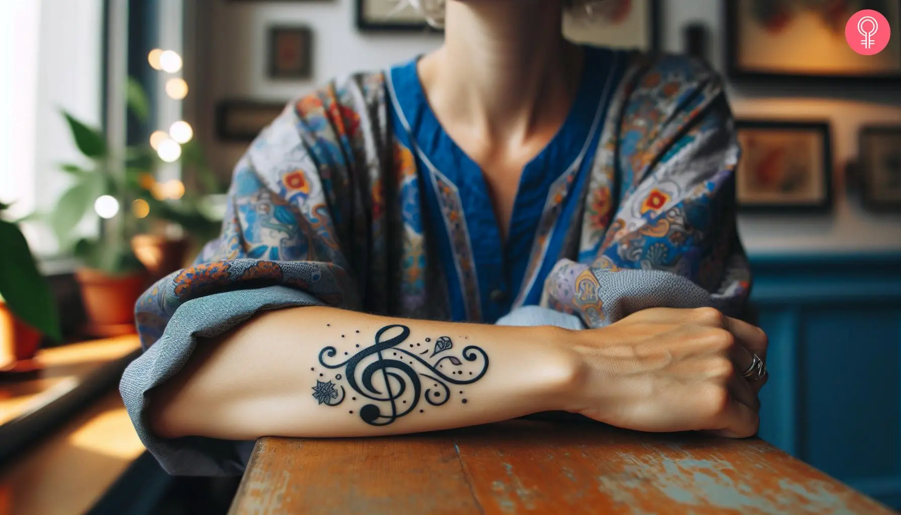 A woman with a letter J and music note tattoo on her arm