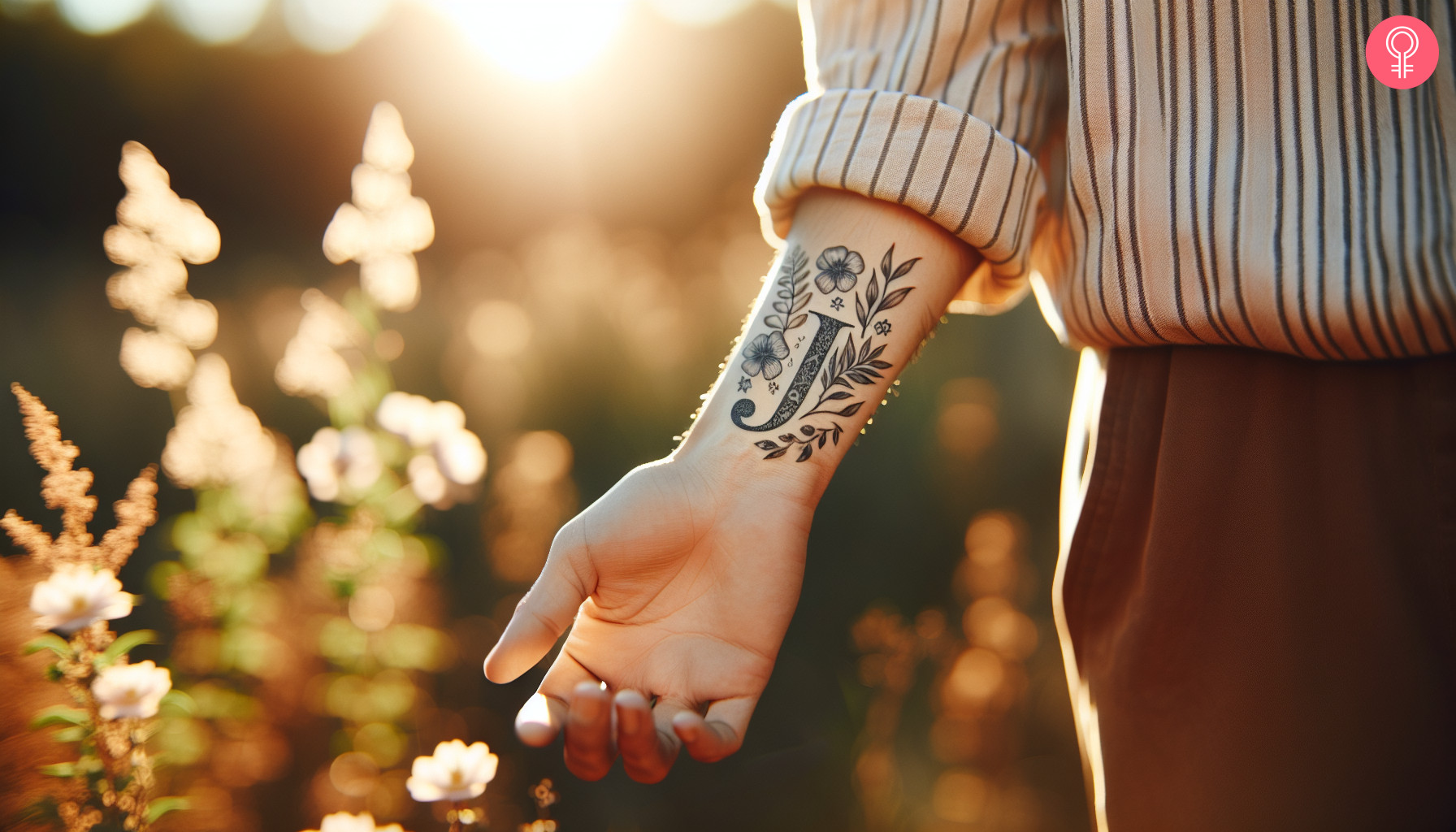 A woman with a letter J flower tattoo on her wrist