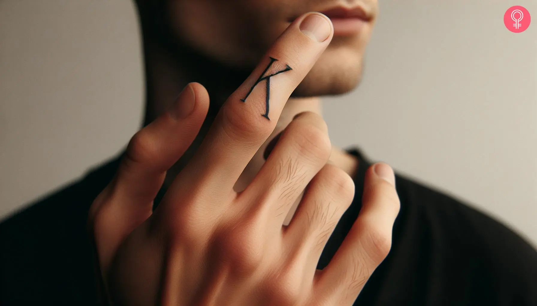 Letter K tattoo on index finger.