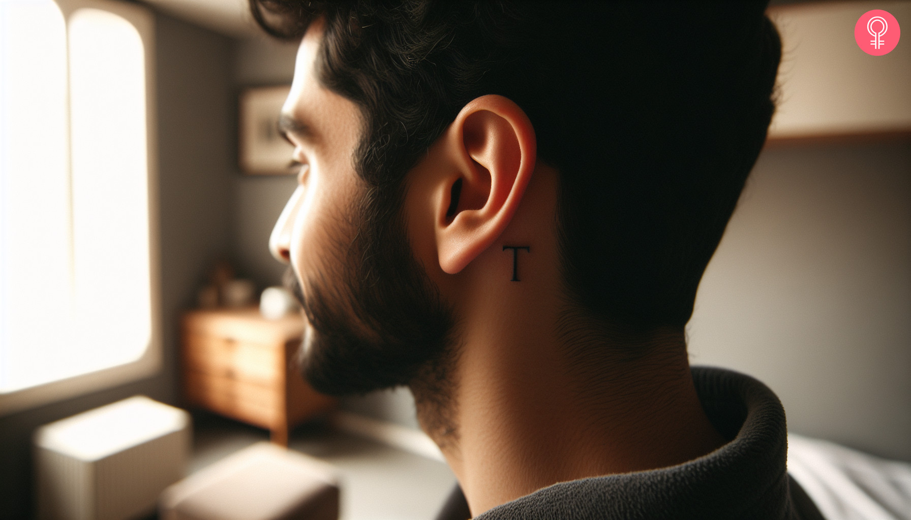 A letter T tattoo behind the ear