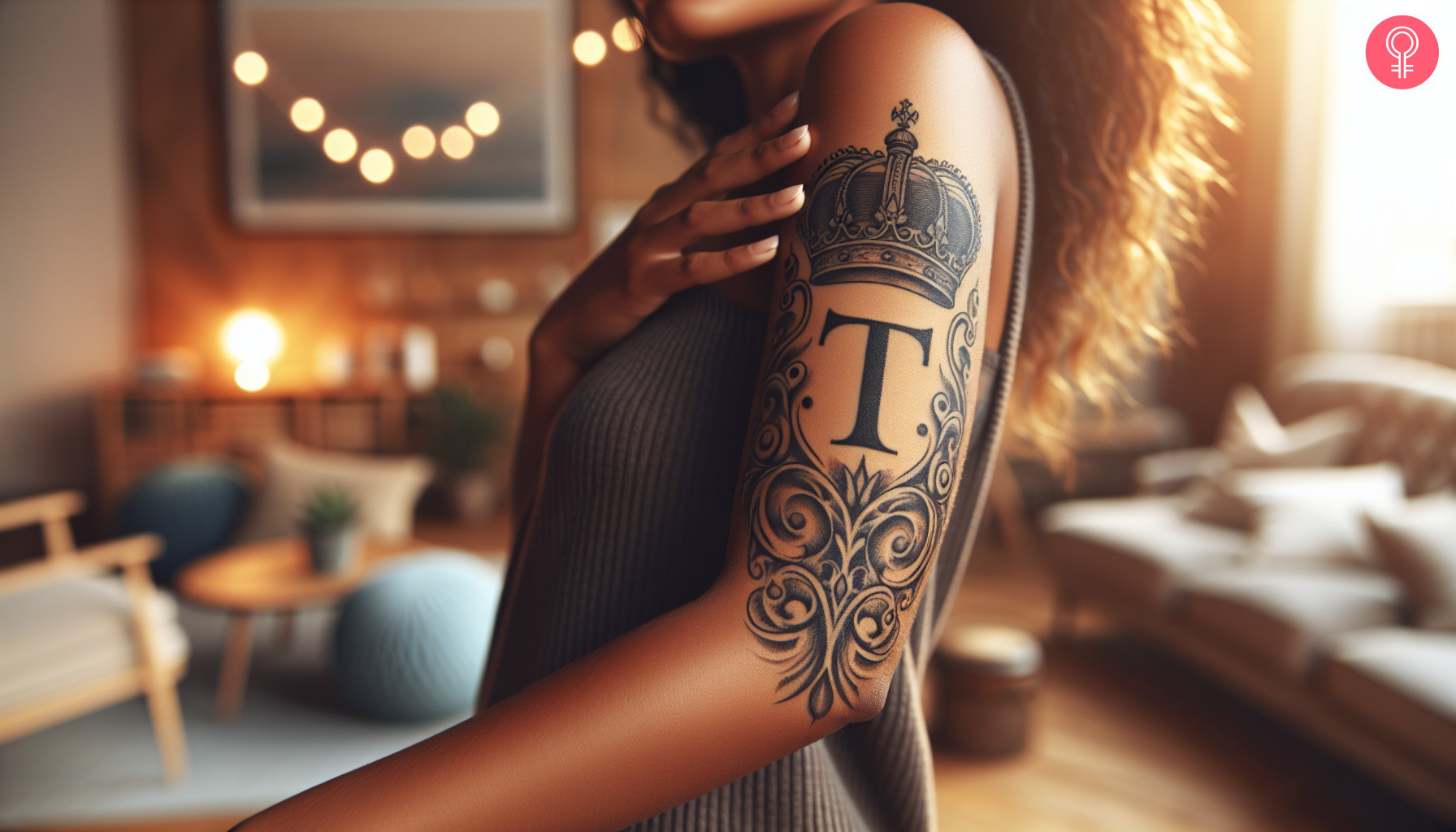 A letter T tattoo with a crown on a woman’s upper arm