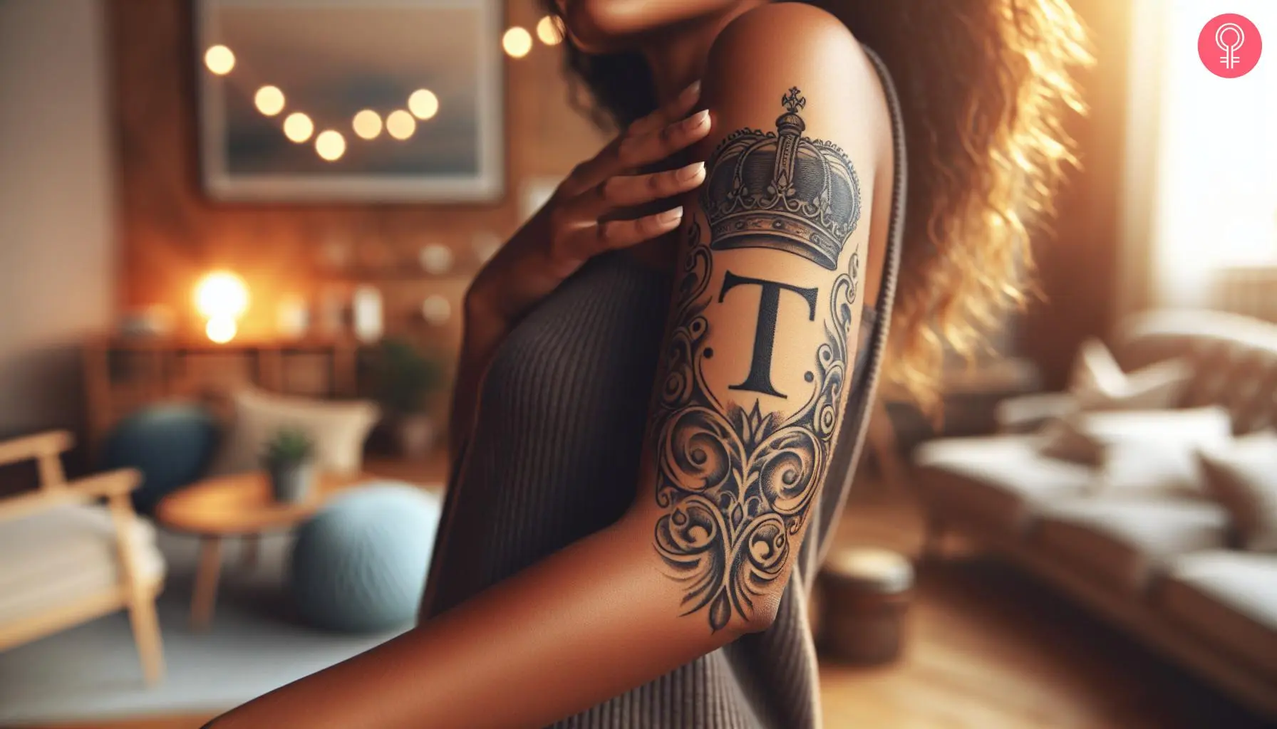 A letter T tattoo with a crown on a woman’s upper arm